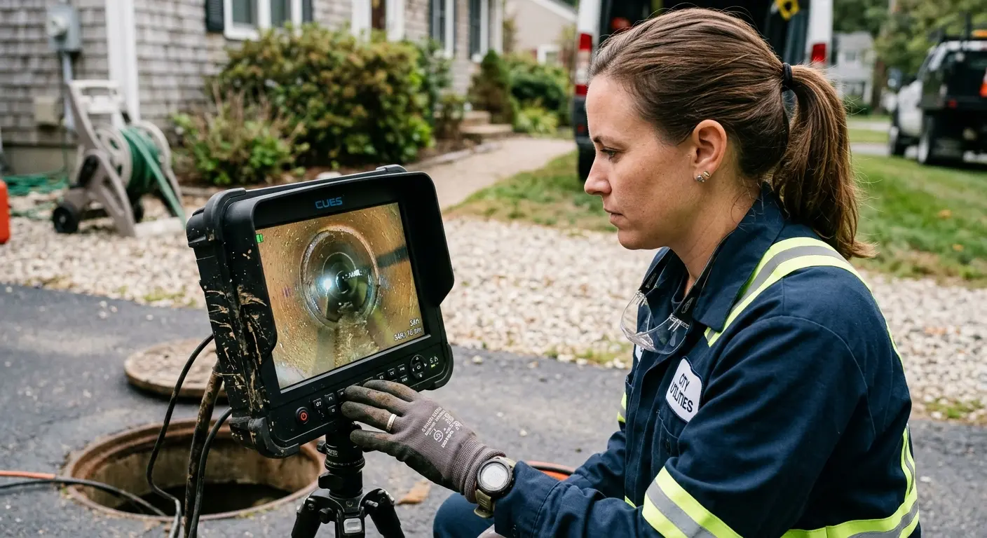 Technician reviewing sewer camera inspection footage in Dickson