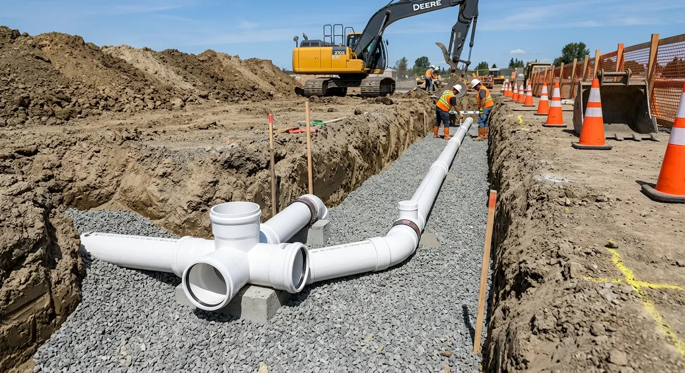 New PVC sewer pipe installation in open trench for Commercial Drain Cleaning in Dickson