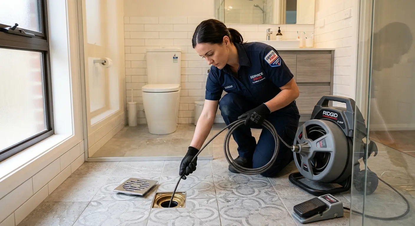 Technician clearing a bathroom floor drain for Sewer Line Installation in Dickson